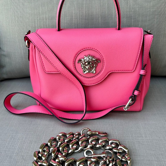 Versace Top Handle Bag FlamingoPink La Medusa Vitello Leather Crossbody Tags NEW - Picture 12 of 13